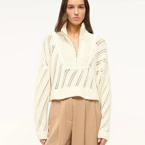 Staud Ivory Hampton Half Zip Cropped Sweater NWT XL Cotton Knit
